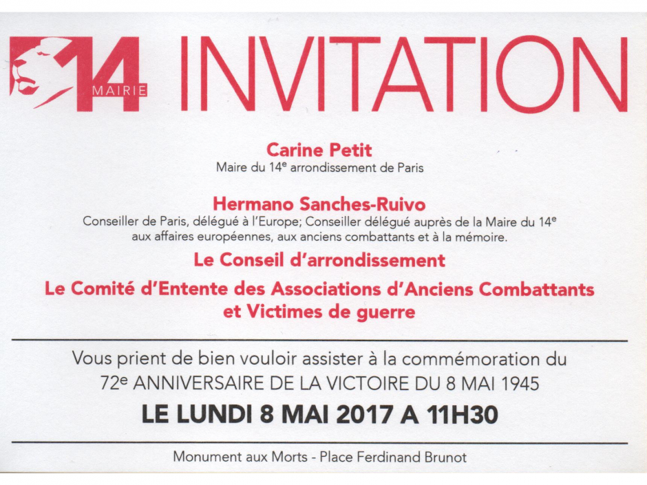 Invitation de Carine Petit à la commémoration du 72e Anniversaire de la victoire du 8 mai 1945