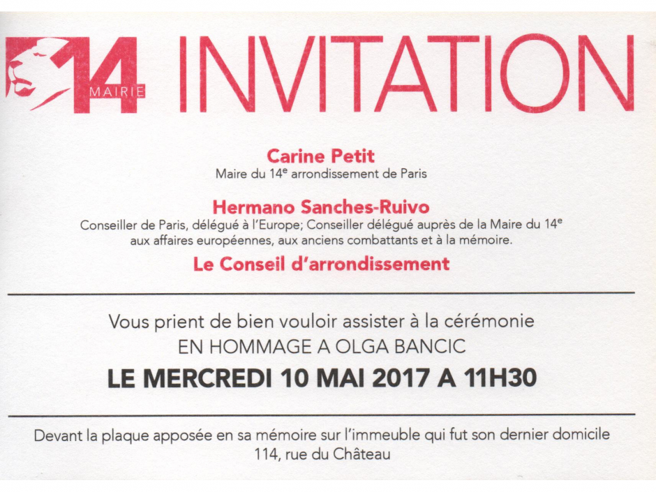 Invitation de Carine Petit à l'hommage à Olga Bancic