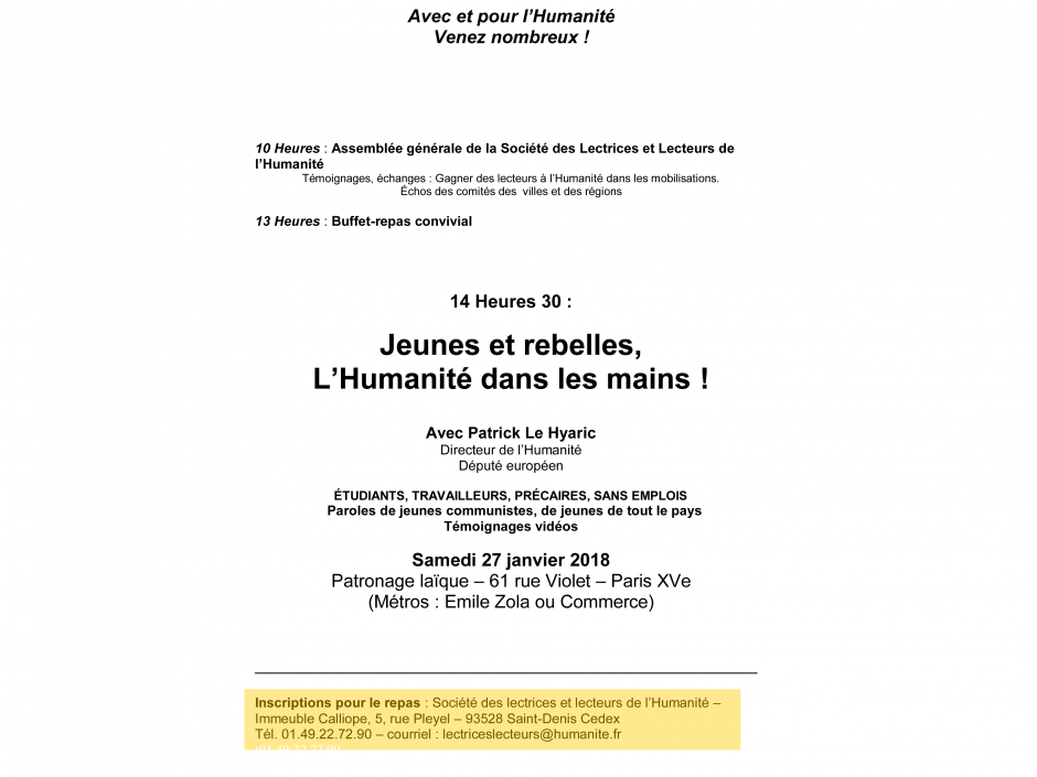 Assemblée générale de la Société des Lectrices et Lecteurs de l'Humanité ce samedi 27 janvier 2018 à Paris