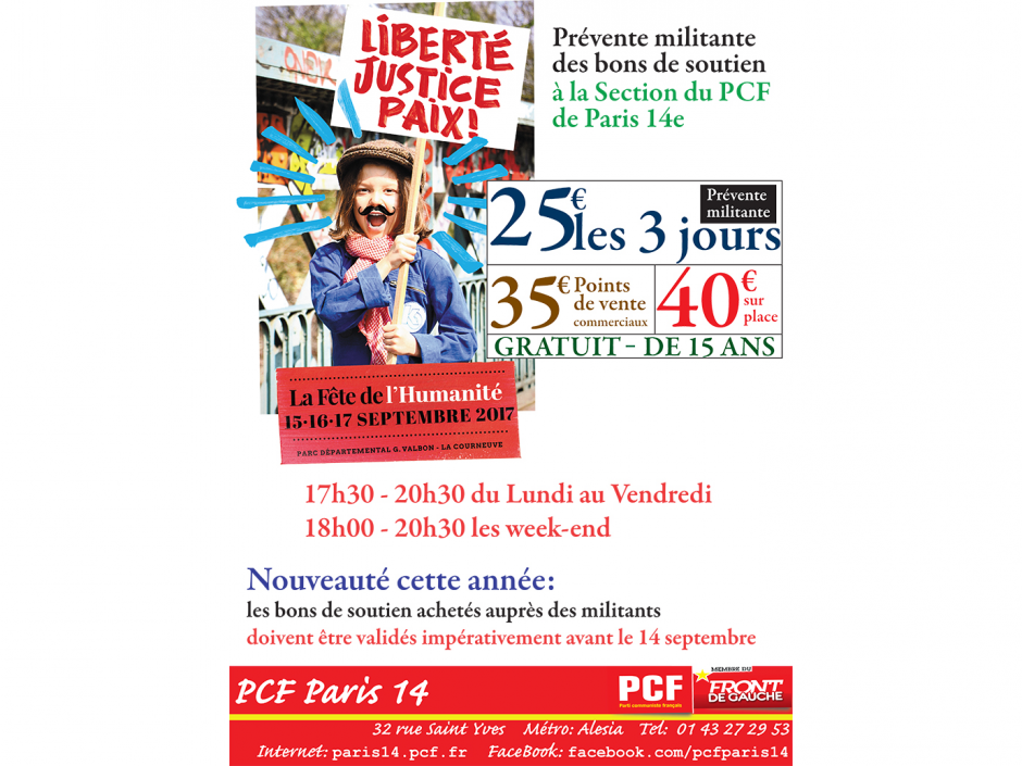 Bons de soutien de la Fête de l'Huma en vente à la Section du PCF Paris 14e