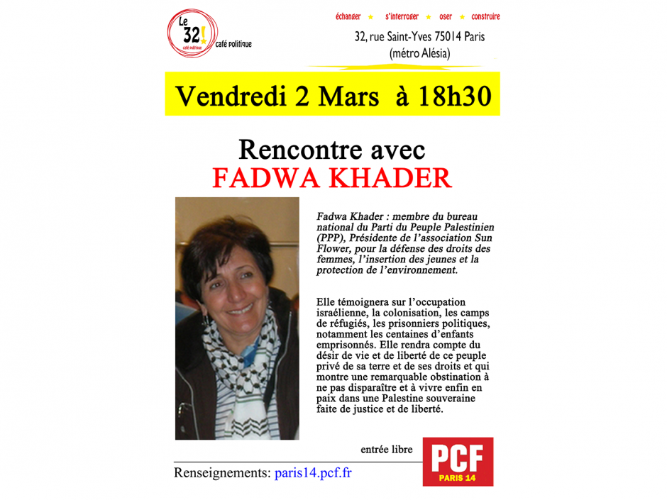 Rencontre avec Fadwa Khader ce vendredi 18h30