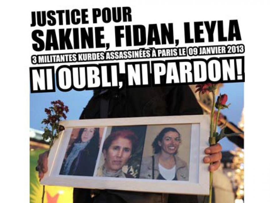 Vérité et justice pour Sakine, Rojbîn et Leyla Militantes kurdes assassinées à Paris. Manifestation ce samedi 9 janvier 2016 à 10h à Paris devant la Gare du Nord entrée banlieue (parvis)